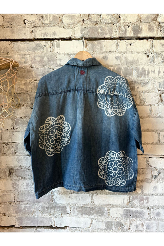 Chambray Cropped Military Shirt - Medallion Print Chambray - DUNE + SALT