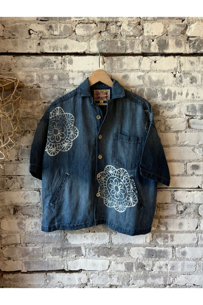 Chambray Cropped Military Shirt - Medallion Print Chambray - DUNE + SALT