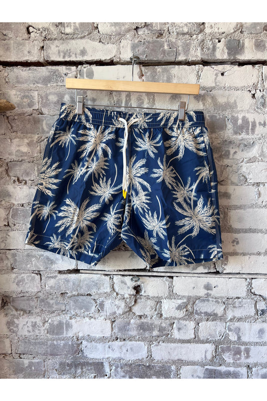 Palm Print Recycled Nylon Swim Trunk - Navy - DUNE + SALT