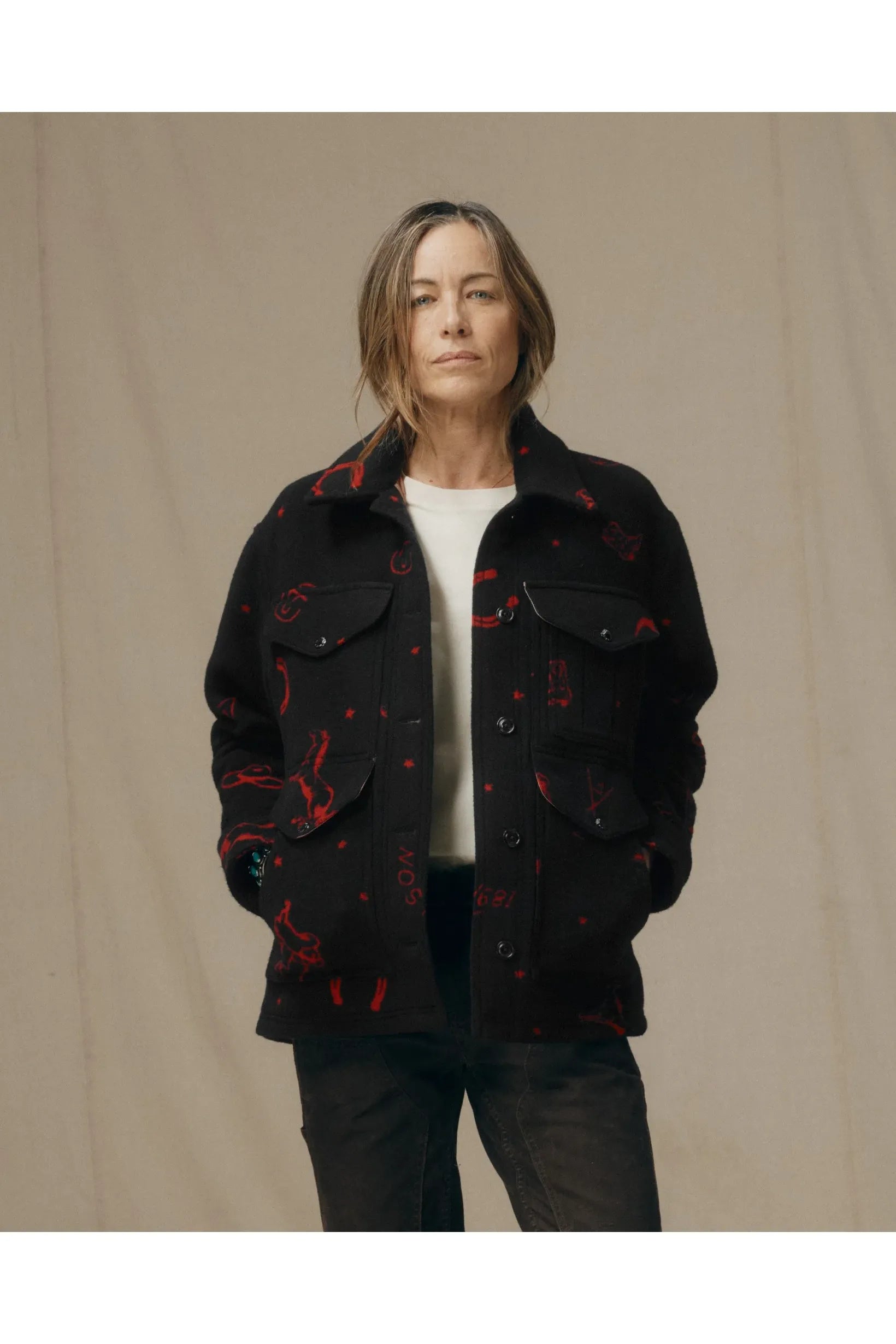 Women's Jacquard Wool Cruiser Jacket - Black/Red Western - DUNE + SALT