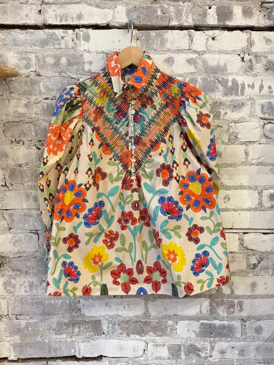 Smocked Shirt - Custard Embroidered Floral