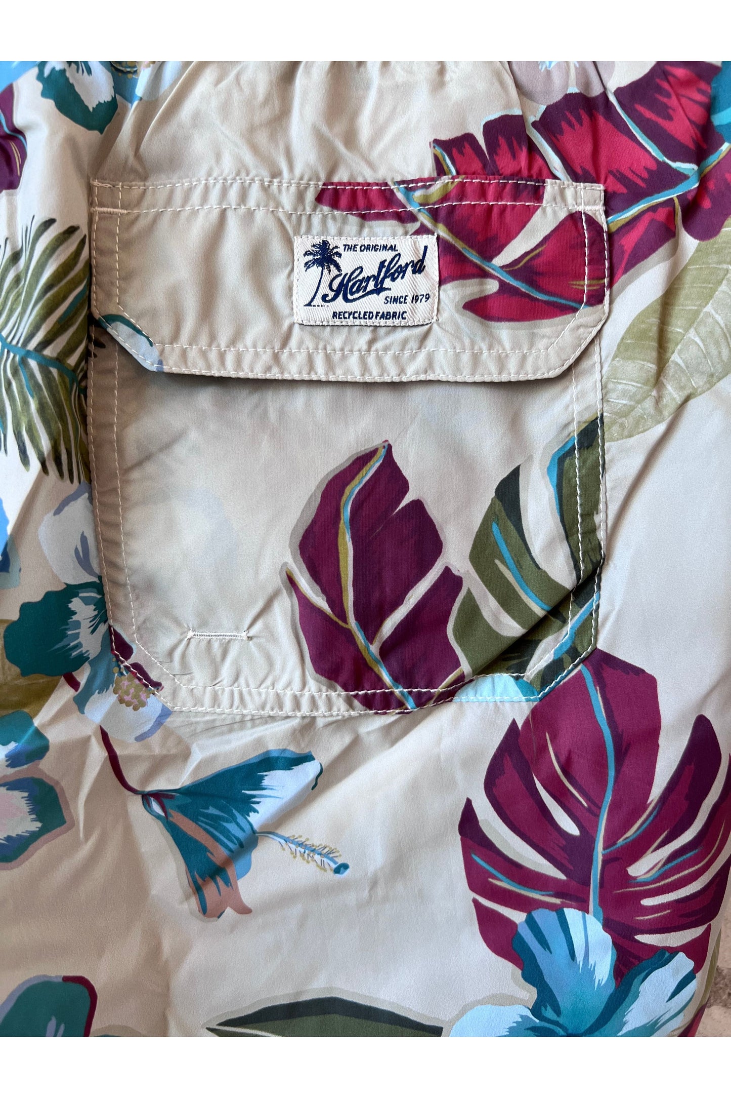 Hibiscus Printed Recycle Nylon Swim Trunks - Sand - DUNE + SALT