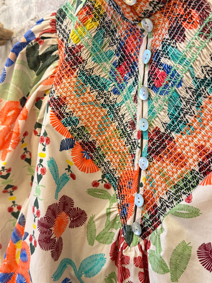 Smocked Shirt - Custard Embroidered Floral