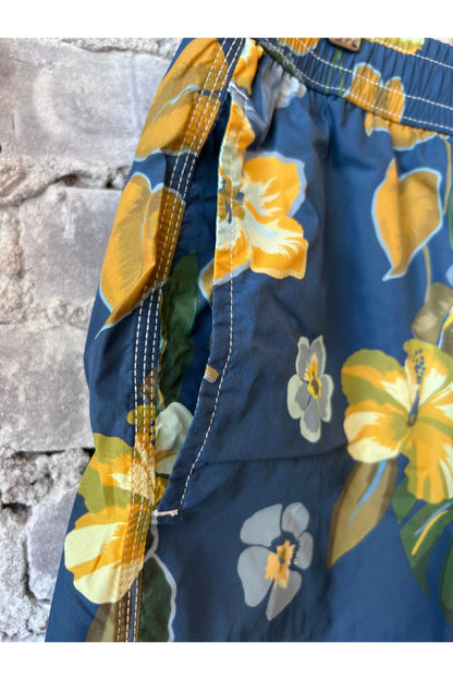 Hibiscus Printed Recycle Nylon Swim Trunks - Navy - DUNE + SALT