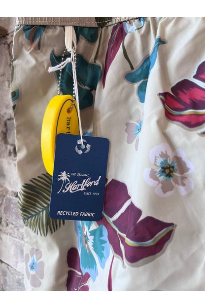 Hibiscus Printed Recycle Nylon Swim Trunks - Sand - DUNE + SALT