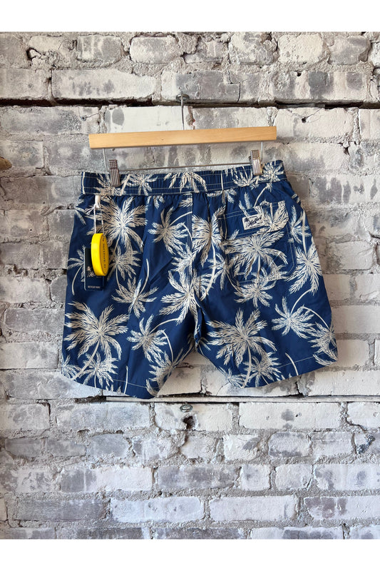 Palm Print Recycled Nylon Swim Trunk - Navy - DUNE + SALT