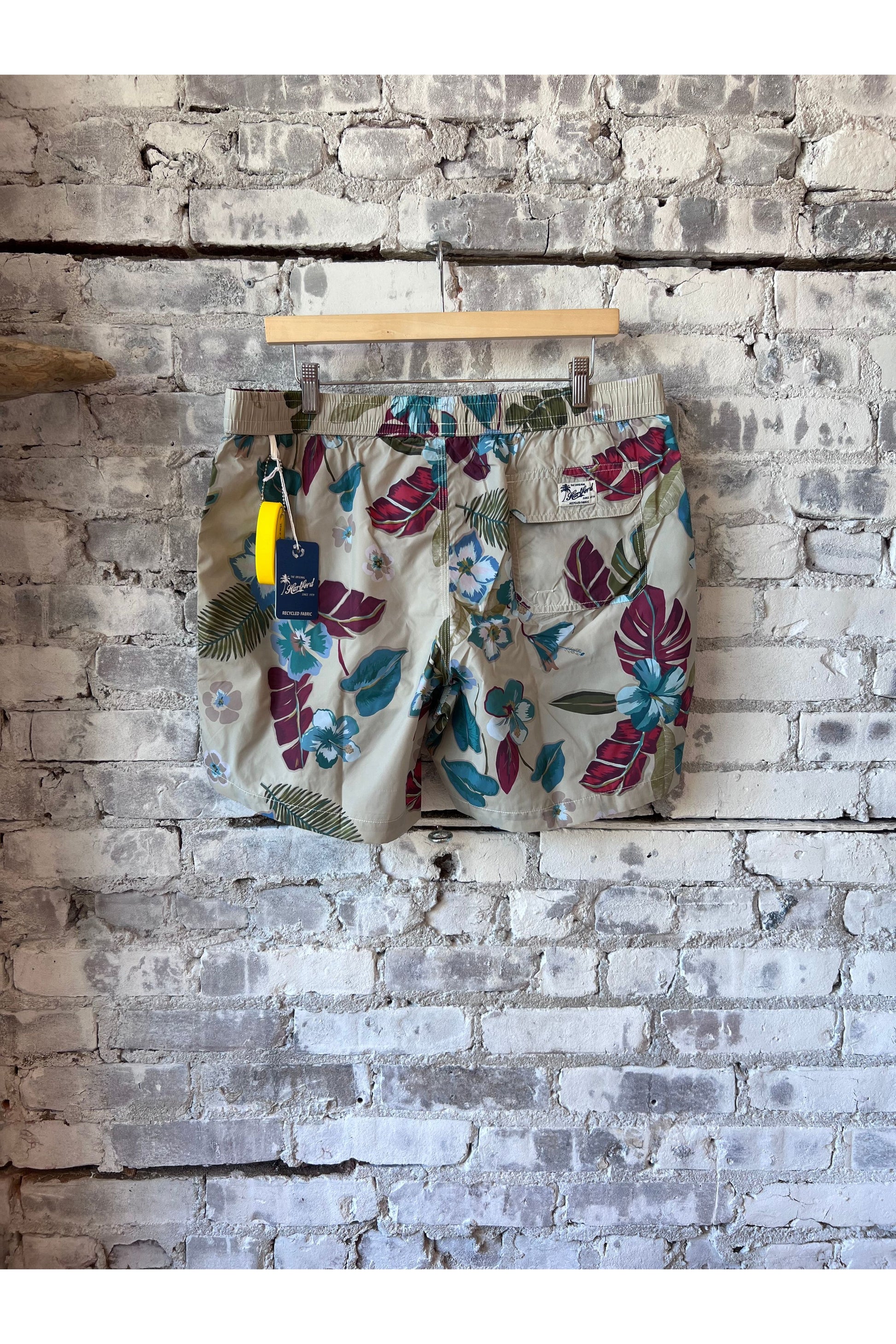 Hibiscus Printed Recycle Nylon Swim Trunks - Sand - DUNE + SALT