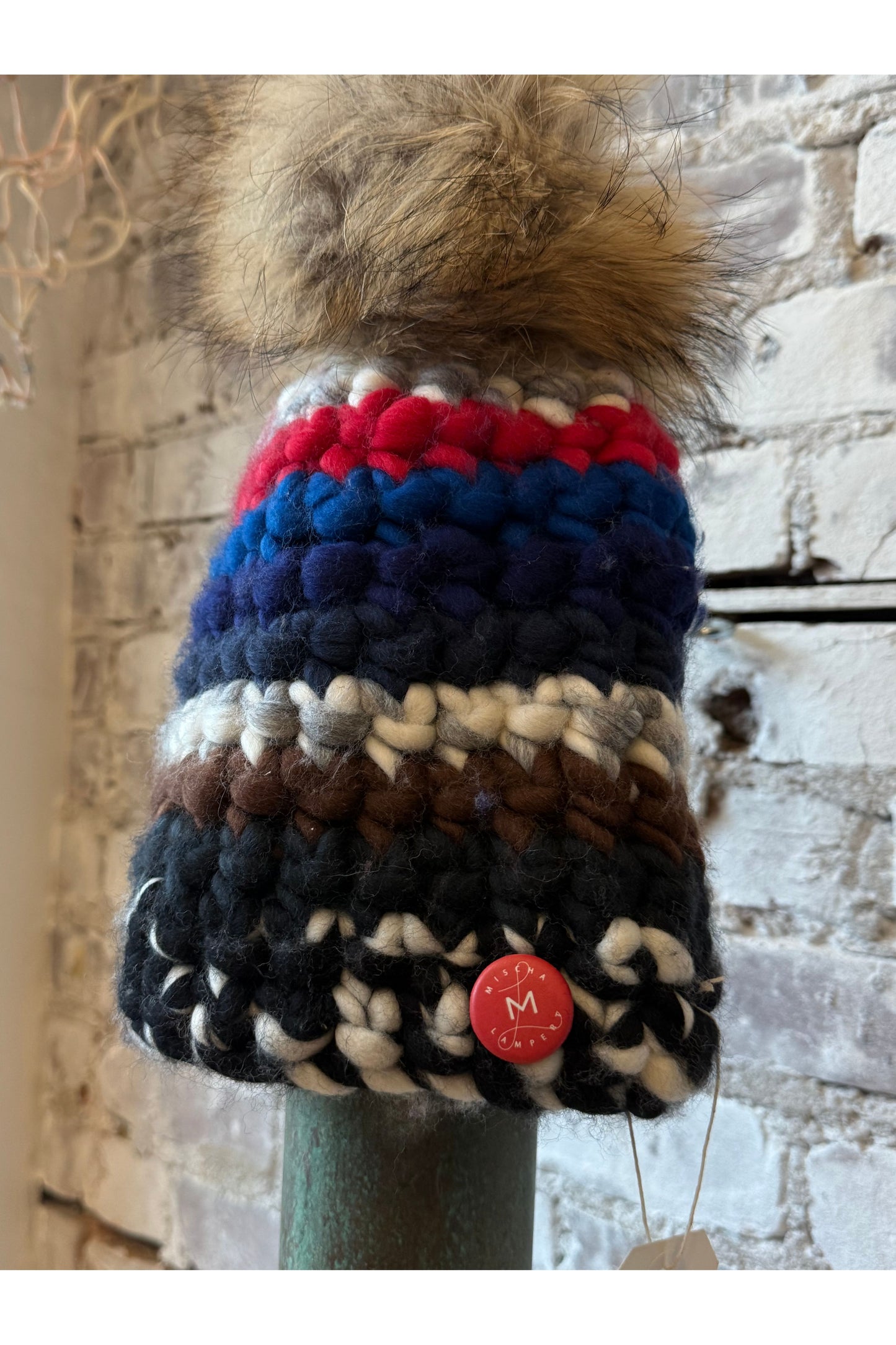 Ski Beanie Stripe + Raccoon XL Pom - DUNE + SALT