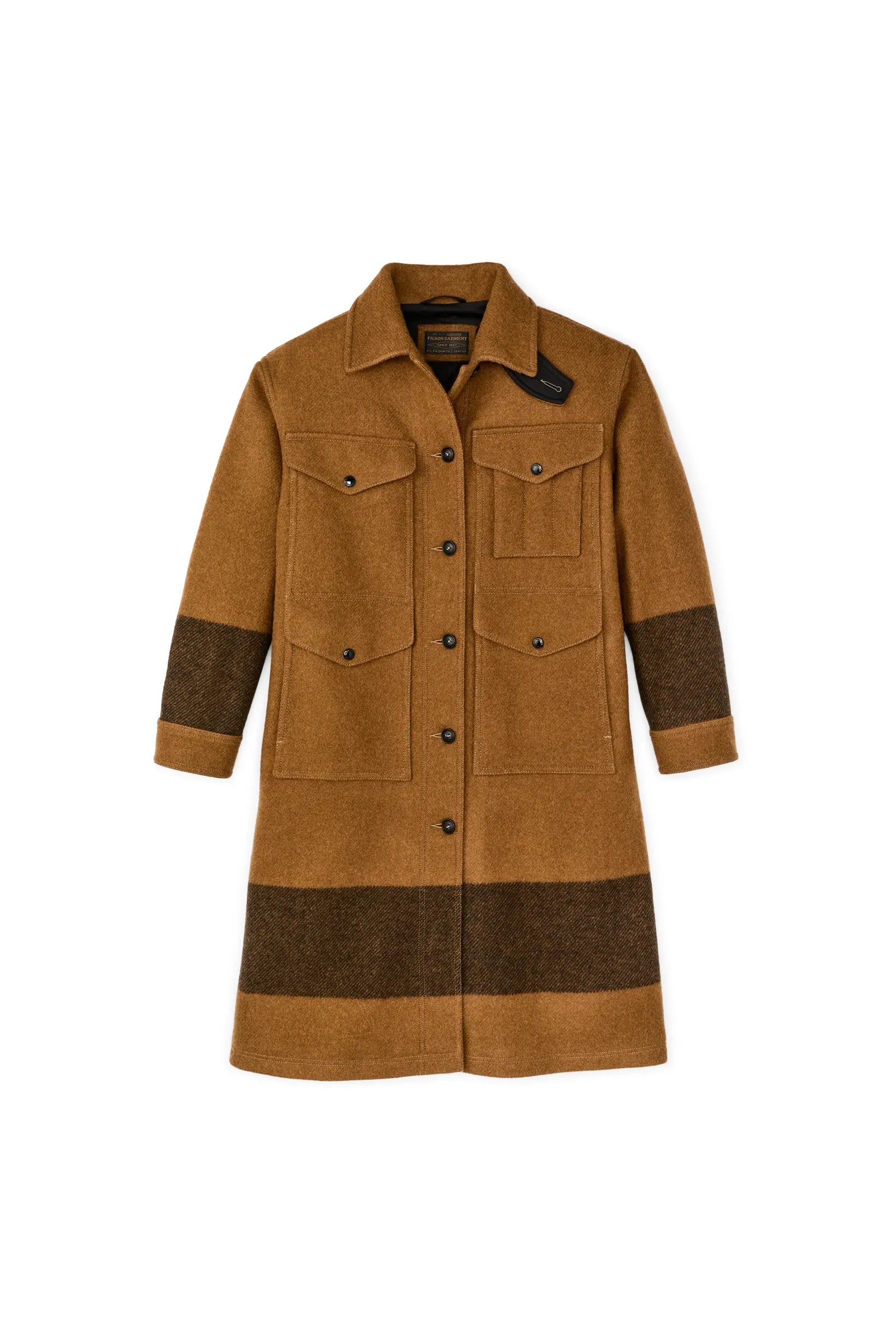 Women's Wool Long Cruiser Coat - Whiskey/Black Stripe - DUNE + SALT
