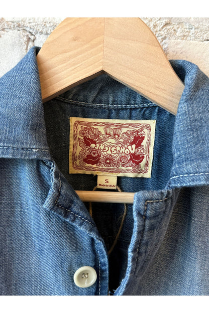 Chambray Cropped Military Shirt - Medallion Print Chambray - DUNE + SALT