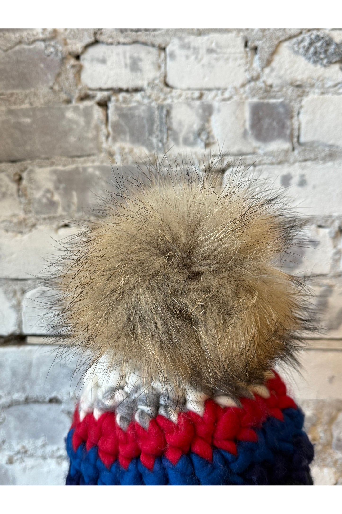 Ski Beanie Stripe + Raccoon XL Pom - DUNE + SALT