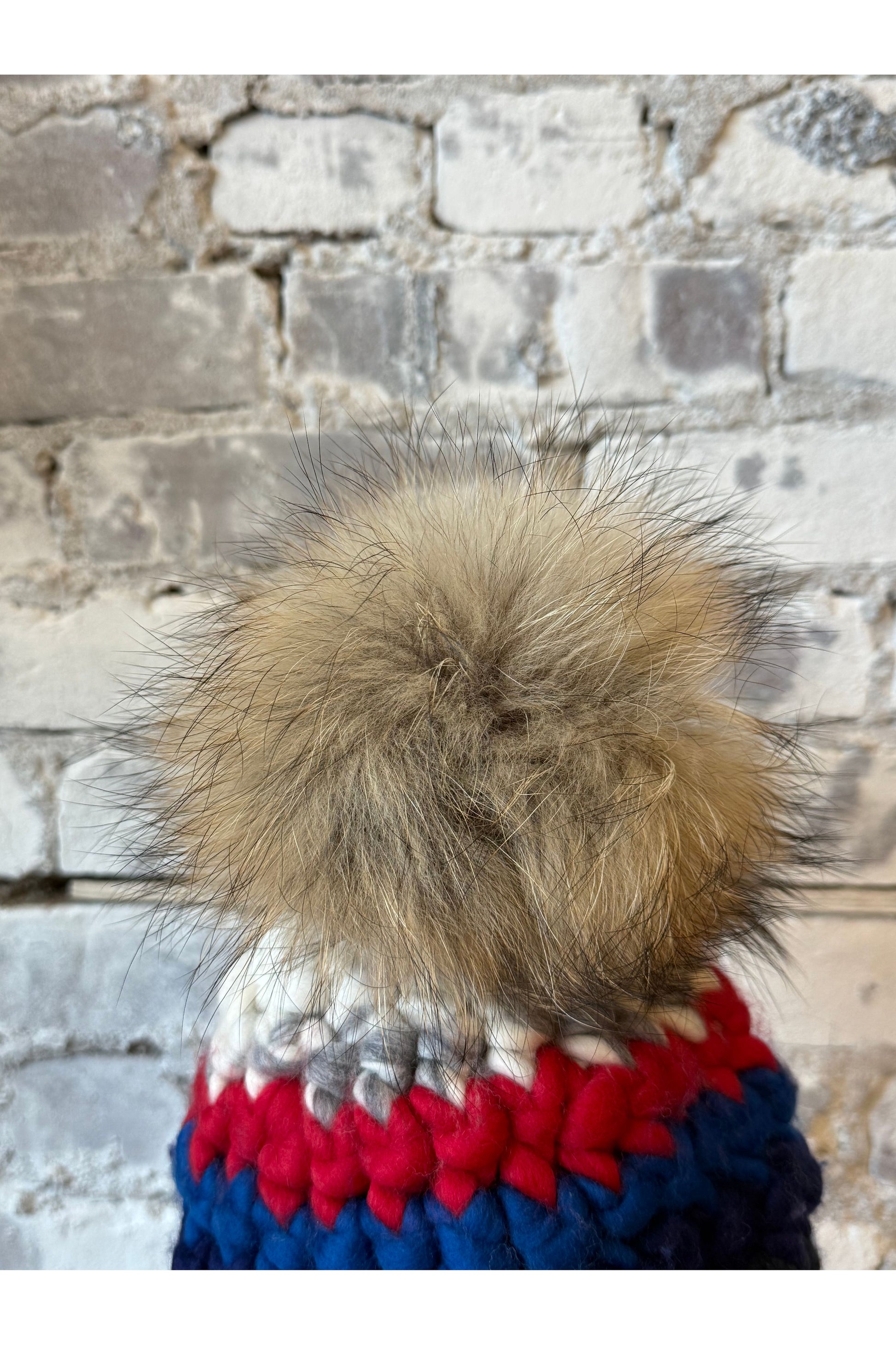 Ski Beanie Stripe + Raccoon XL Pom - DUNE + SALT