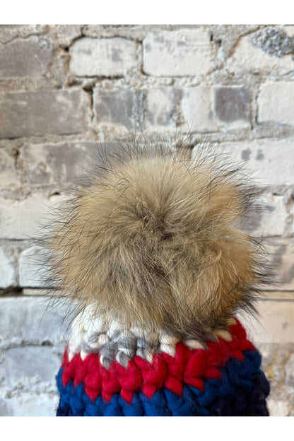 Ski Beanie Stripe + Raccoon XL Pom - DUNE + SALT