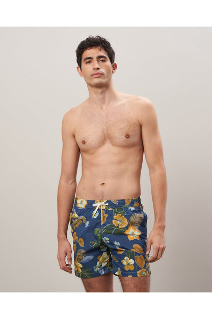 Hibiscus Printed Recycle Nylon Swim Trunks - Navy - DUNE + SALT