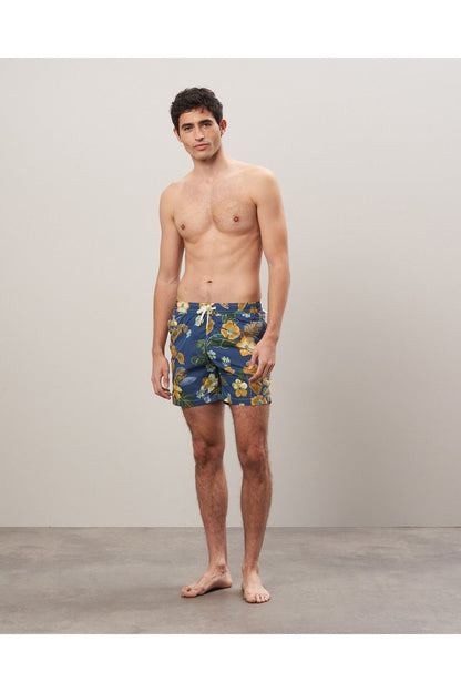 Hibiscus Printed Recycle Nylon Swim Trunks - Navy - DUNE + SALT