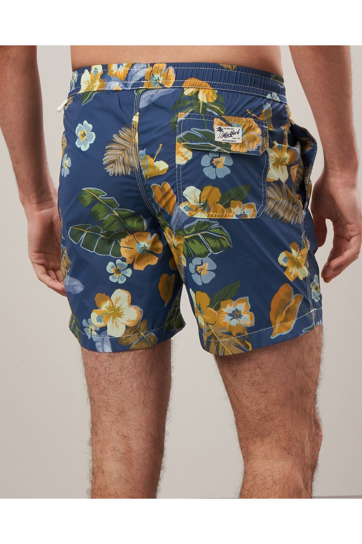 Hibiscus Printed Recycle Nylon Swim Trunks - Navy - DUNE + SALT