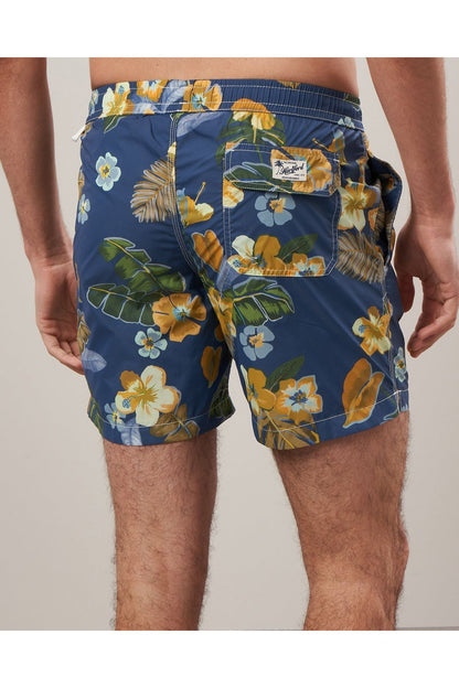 Hibiscus Printed Recycle Nylon Swim Trunks - Navy - DUNE + SALT