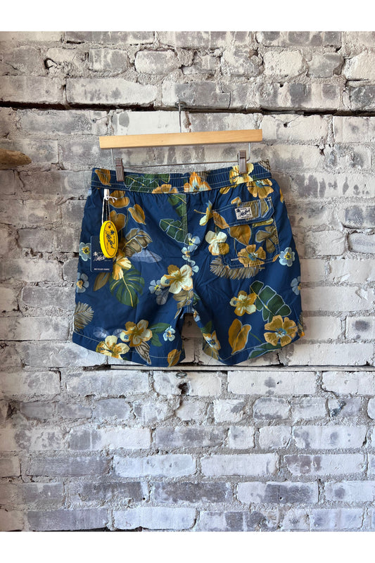 Hibiscus Printed Recycle Nylon Swim Trunks - Navy - DUNE + SALT