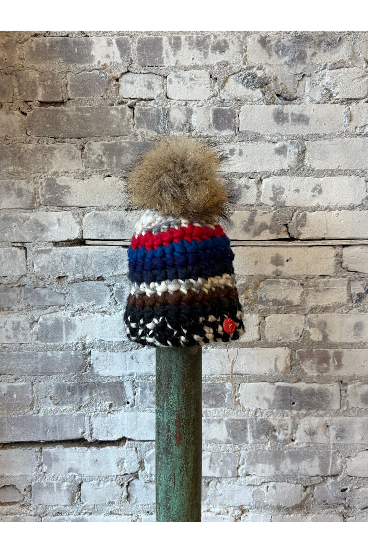 Ski Beanie Stripe + Raccoon XL Pom - DUNE + SALT
