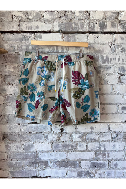 Hibiscus Printed Recycle Nylon Swim Trunks - Sand - DUNE + SALT