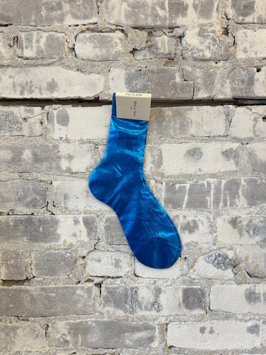 One-Rib Laminated Silk Socks - Cielo