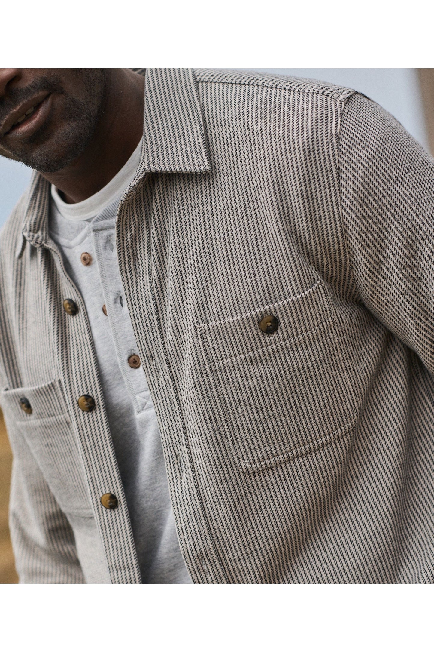 Pacifica Stretch Twill Overshirt - Grey Railroad Stripe - DUNE + SALT