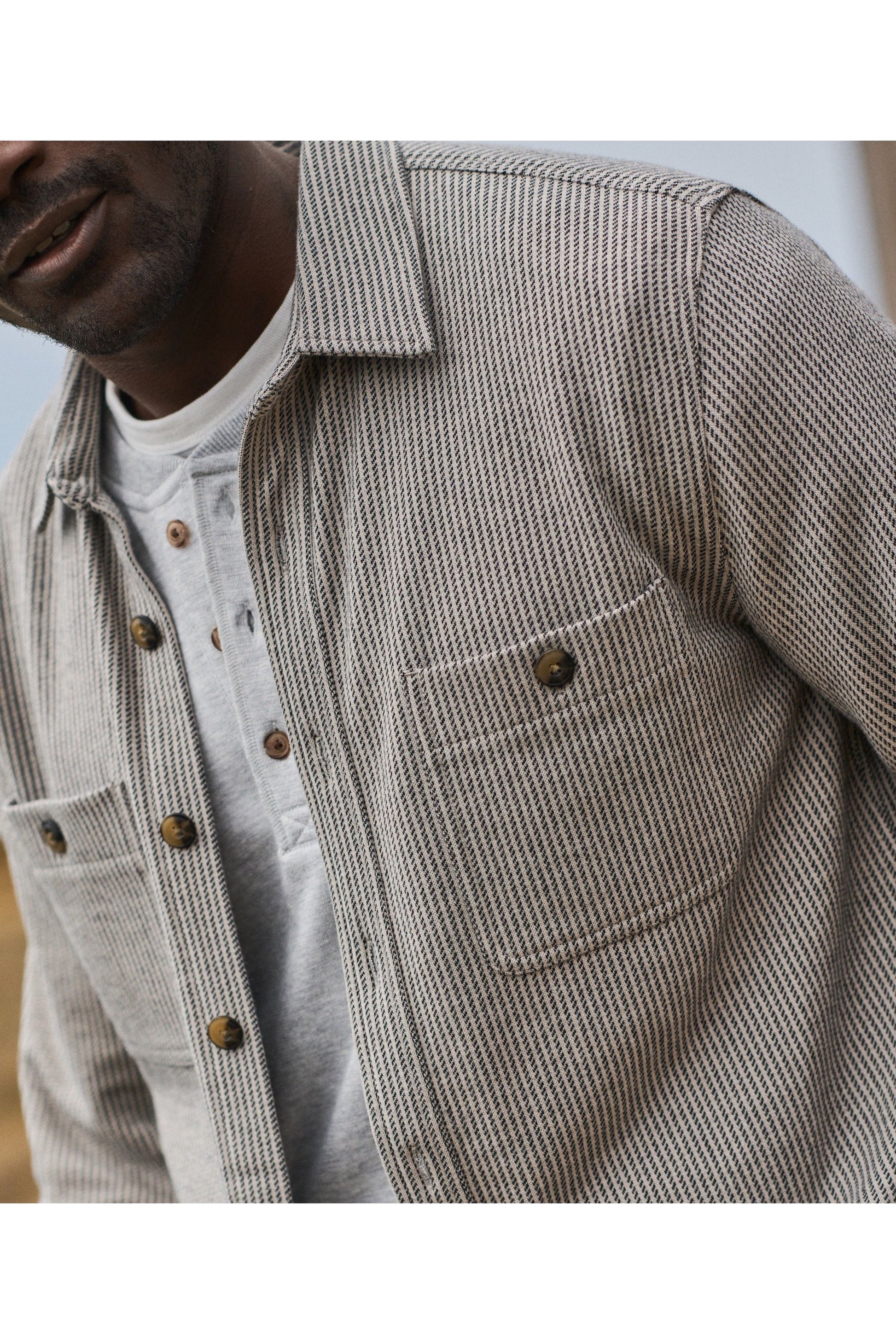 Pacifica Stretch Twill Overshirt - Grey Railroad Stripe - DUNE + SALT