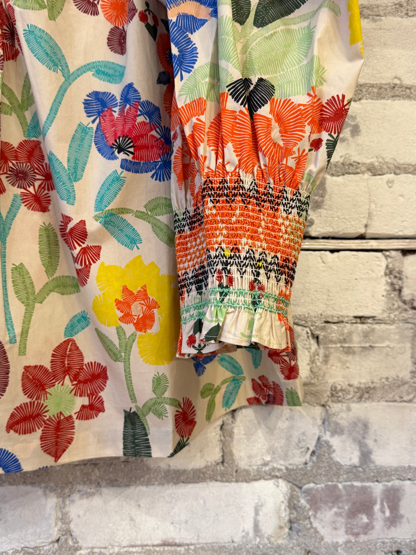 Smocked Shirt - Custard Embroidered Floral