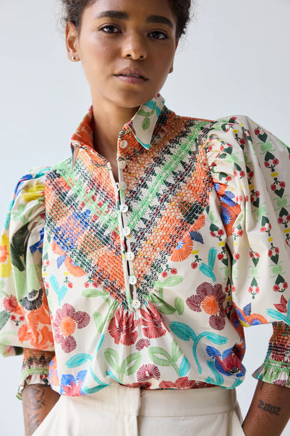 Smocked Shirt - Custard Embroidered Floral