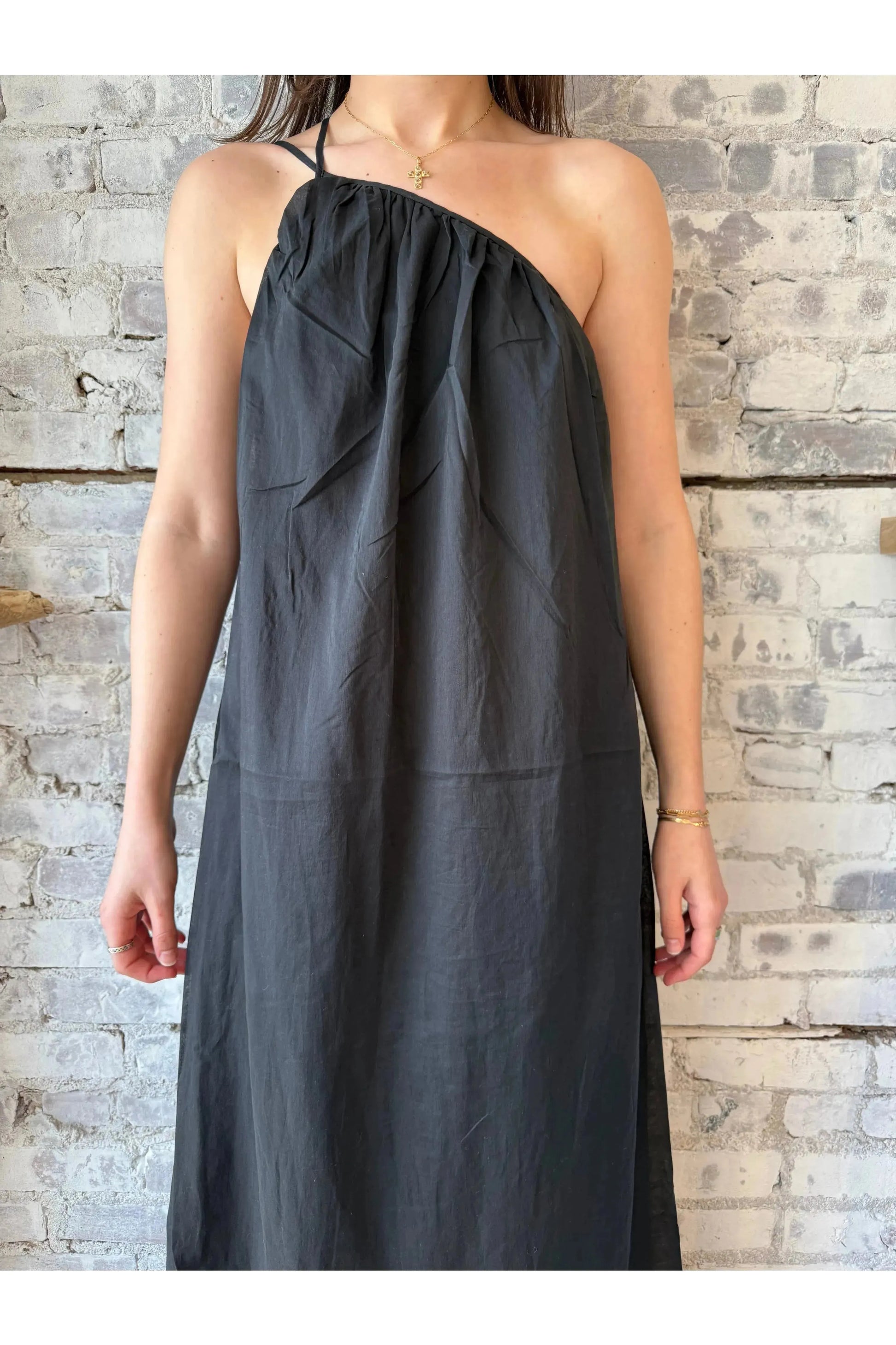 Gathered Asymmetrical Dress - Black - DUNE + SALT