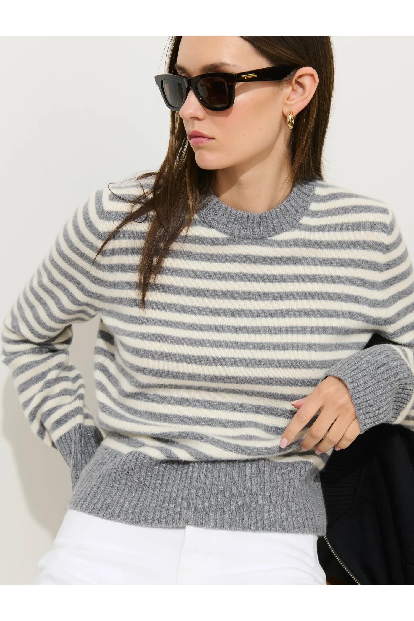 Marais Striped Cashmere Crewneck Sweater - Heather Grey/Ivory - DUNE + SALT