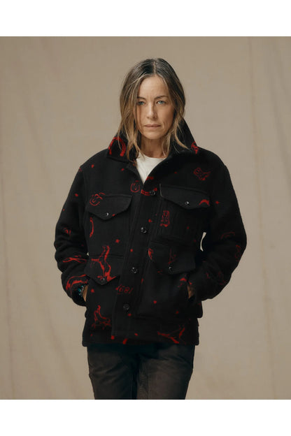 Women's Jacquard Wool Cruiser Jacket - Black/Red Western - DUNE + SALT