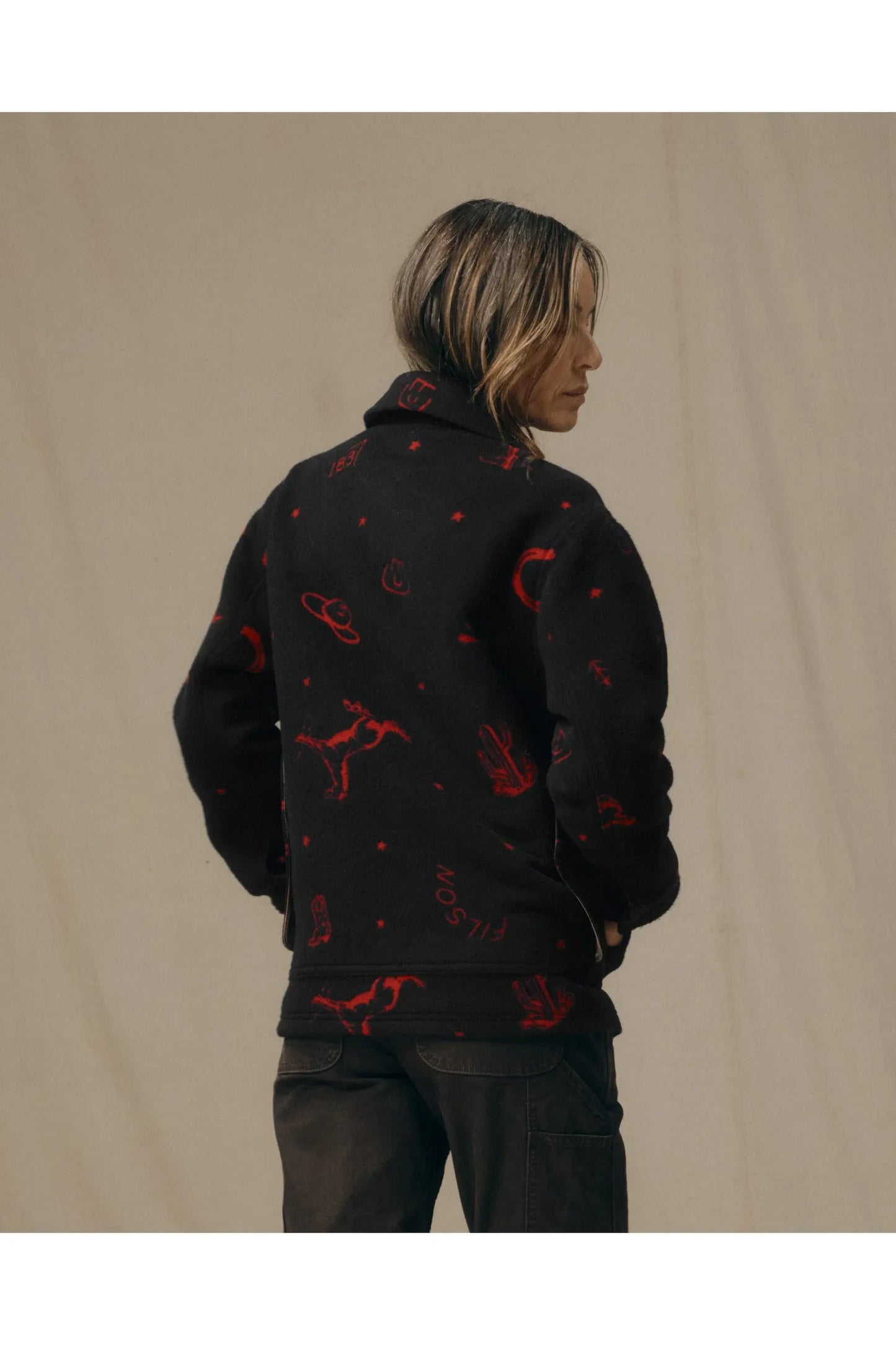 Women's Jacquard Wool Cruiser Jacket - Black/Red Western - DUNE + SALT
