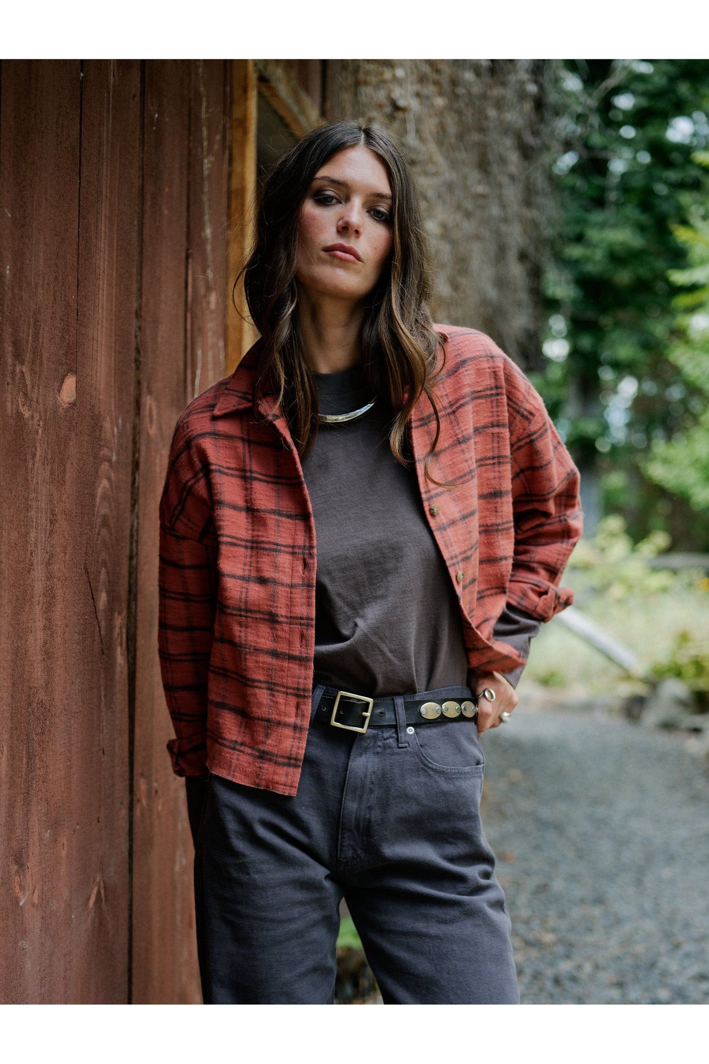 Remi Cropped Shirt in Organic Cotton Flannel - Red Windowpane - DUNE + SALT