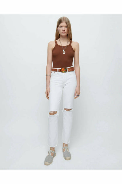 70s Destroyed High Rise Stove Pipe - White - DUNE + SALT